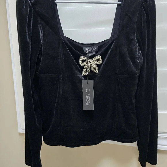 Rachel Zoe Velvet Black Blouse Long Sleeve Holliday Party Crystal Bow size L - Picture 2 of 5
